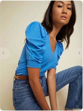 Nation LTD Puff Sleeve V-Neck Top Medium Lapis Blue Celine Elevated Everyday